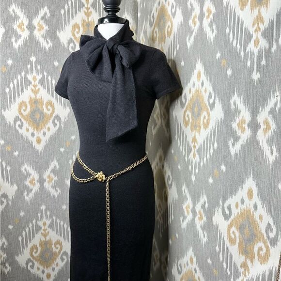 Ralph Lauren ~ Charcoal Cashmere Silk Bow Neck Pinpoint Knit Jersey Sheath Dress - Picture 14 of 16